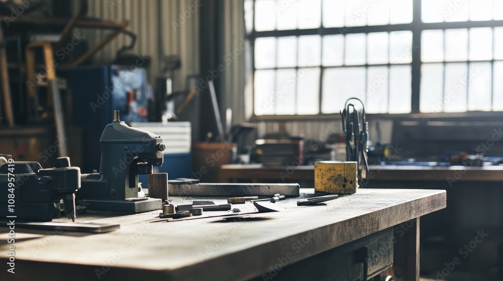 Poster a neat metalworking station in a well-lit workshop, metalworking tools and materials neatly arranged