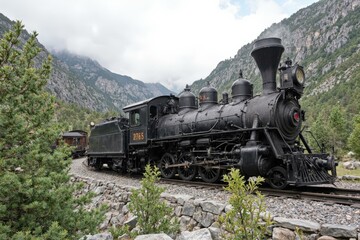 Obraz premium Vintage Steam Locomotive in Mountainous Terrain: Perfect for Nostalgic Decor, Train Enthusiasts, and Nature Lovers