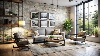 Fototapeta premium Minimalist Steel and Stone Furniture in a Clean Modern Living Space Featuring a 3D Frame Mockup with Natural Light and Neutral Tones for Urban Exploration Photography