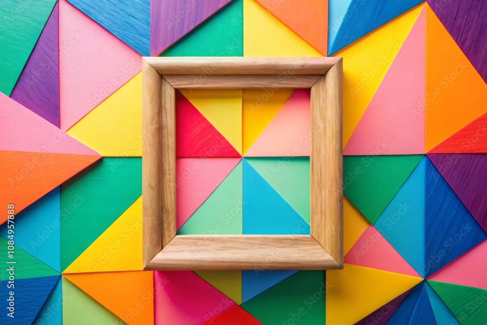 Poster minimalist wooden frame mockup with colorful geometric triangles background for creative advertising