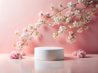 Minimalist White Round Podium for Cosmetic Product Display on Trendy Pink Coral Pastel Background with Light Shadows and Spring Flowers in an Elegant Flat Lay Presentation