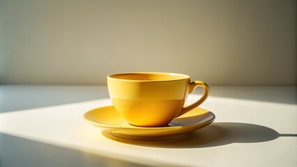 Fototapeta premium Minimalist Yellow Cup and Saucer Set on a White Surface in Low Light, Showcasing Elegant Simplicity and Subtle Textures for Modern Home Decor Photography