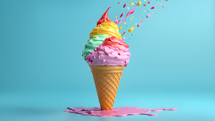 A colorful ice cream cone with rainbow sprinkles on top