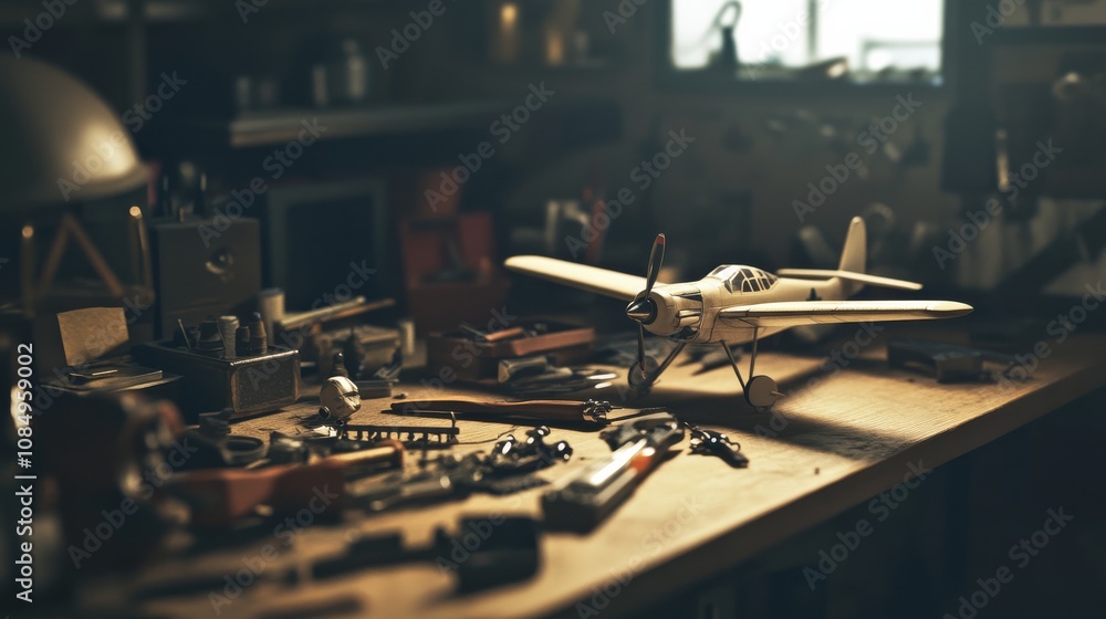 Aufkleber A nostalgic model airplane workshop with intricate scale models, Tools and model parts arranged on a workbench, Vintage photography style