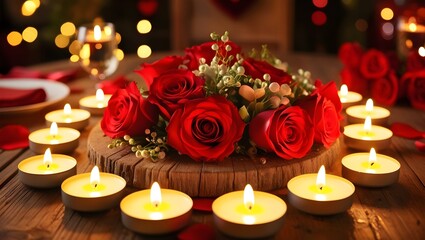 Romantic Candle-Lit Scene with Red Roses and Tea Lights