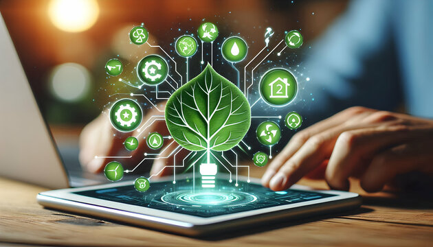 sustainability A tech icon with green energy symbols and a leaf, representing eco-friendly digital solutions