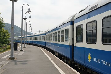 Obraz premium Experience the Scenic Beauty of the Blue Train: A Picturesque Journey Through Lush Landscapes, Perfect for Travel Enthusiasts and Photographers