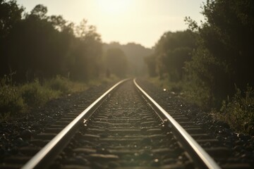 Fototapeta premium Serene Sunrise Over Railroad Tracks: Capture the Tranquil Beauty of Nature and Journey Awaiting