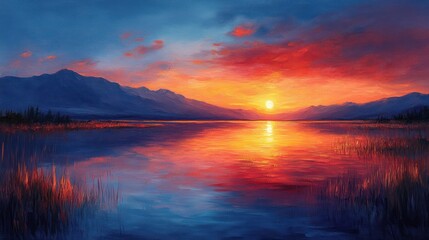 Obraz premium Vibrant sunset over calm lake reflecting fiery sky.