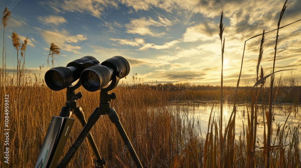 Poster a peaceful birdwatching hideout in a wetland reserve, binoculars and field guides systematically pla