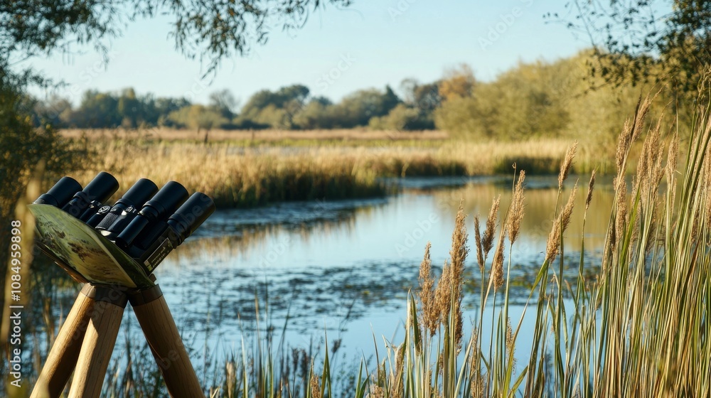 Poster a peaceful birdwatching hideout in a wetland reserve, binoculars and field guides systematically pla