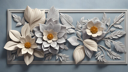 A white and blue framed piece of art with flowers and leaves