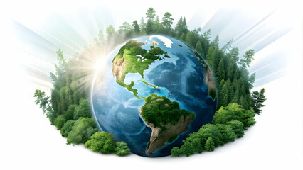 sustainabilityA digital art portrayal of Earth with green forests and blue oceans, surrounded by rays of light, isolated against a pristine white background symbolizing hope for sustainability