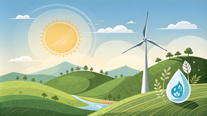 sustainabilityA bright sun, wind turbine, and water drop icon on a sunny, hilly landscape, representing the promise of renewable energy