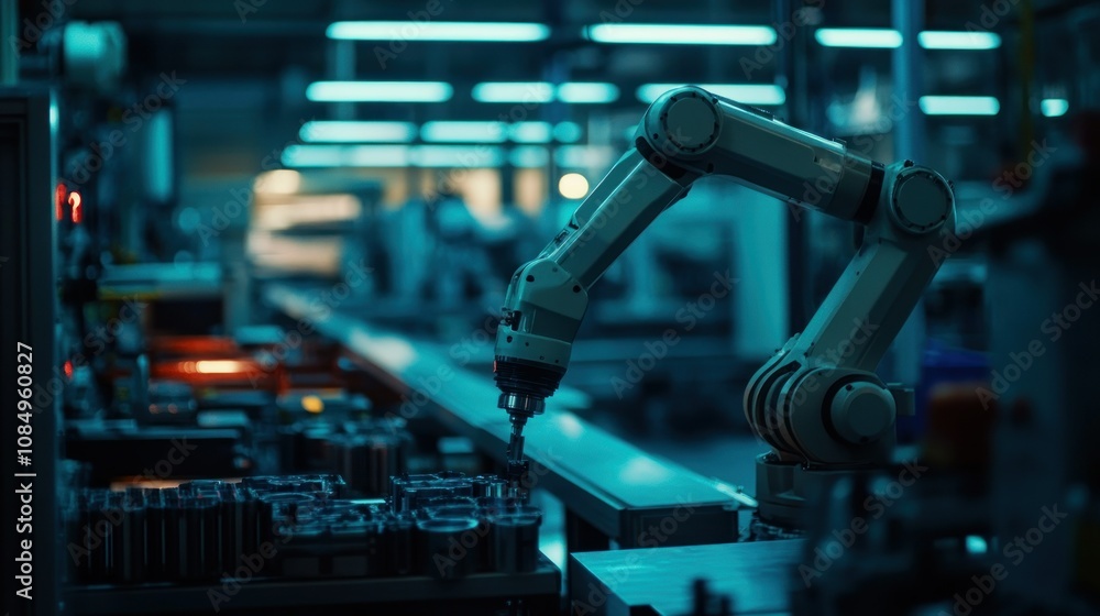 Poster industrial robot arm working on an assembly line