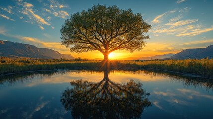 Fototapeta premium Majestic tree reflected in calm water at sunset.