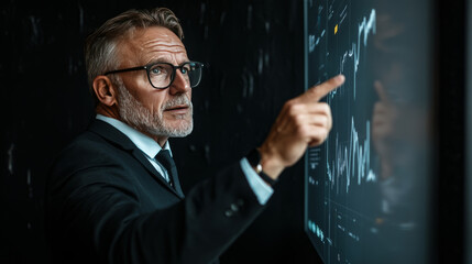 businessman analyzing data on digital screen, showcasing graphs and trends. His focused expression reflects determination and insight