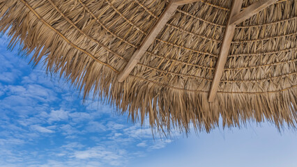 A fragment of a thatched sun umbrella against a background of blue sky and white clouds. You can see the weaving, the tassels of straw in the wind. Upper right corner. Bottom-up view.