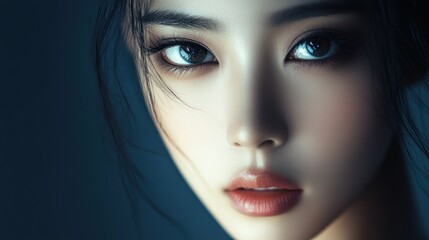 Close-up Portrait of a Woman with Dark Hair and Intriguing Eyes