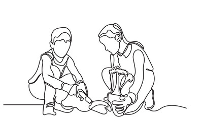 Continuous line drawing of brothers and sisters planting trees. Volunteers and Eco-friendly lifestyle concept illustrations. Take care of the environment Line art vector isolated on a white background