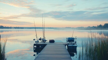 Fototapeta premium A peaceful fishing dock with carefully arranged fishing rods and tackle boxes, Tranquil waters reflecting the early morning light, Minimalist lakeside style
