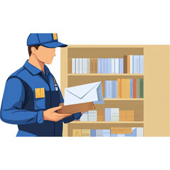 A postal worker in uniform holding a letter stands in front of a bookshelf filled with books, representing mail delivery and organization.