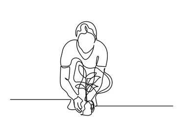 Continuous line drawing of a young girl planting tree. Volunteers and Eco-friendly lifestyle concept illustrations. Take care of the environment Line art vector isolated on a white background.