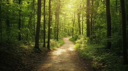 Obraz premium A peaceful hiking trail winding through a dense forest, Sunlight filtering through leafy canopies, Nature hike style