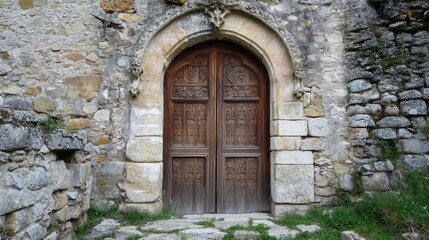 Ornate Wooden Door in Ancient Stone Wall