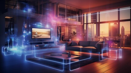 Futuristic modern smart house interior with hologram. Generative ai