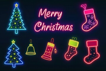 Retro neon Christmas banner with bright neon signs shaped like trees, bells, and stockings glowing vibrantly against a dark background, with the text "Merry Christmas" in bold neon script.