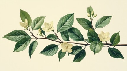 Naklejka premium Botanical illustration of blossoming branch with creamy white flowers and vibrant green leaves.