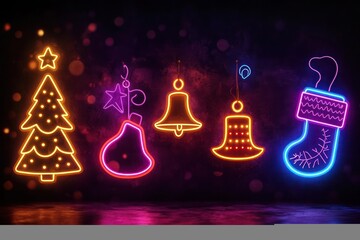 Retro-style Christmas scene with neon lights shaped like classic holiday symbols--trees, bells, and stockings--set against a rich, dark background for a dynamic look.