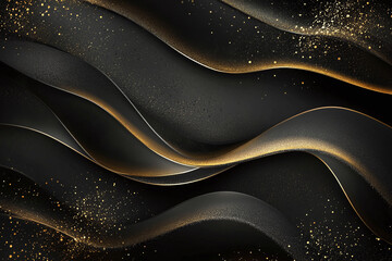 Luxurious Black and Gold Abstract Design with Flowing Metallic Waves, Shimmering Gold Highlights, and Elegant Sparkles