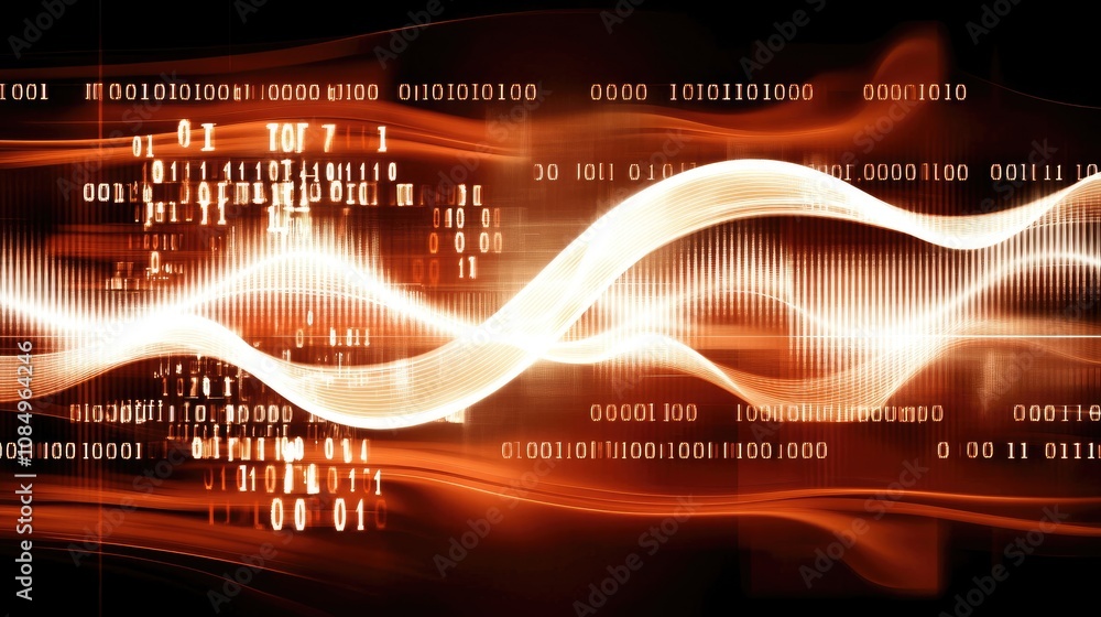 Aufkleber a complex design featuring flowing waves, binary code, and glowing nodes ideal for scientific resear