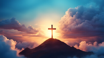 Fototapeta premium A cross is on top of a mountain, with the sun shining on it