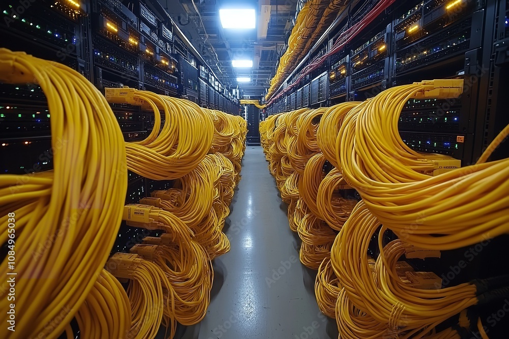 Poster in a data, network cables are connected to servers. generative ai