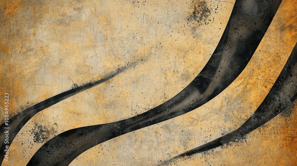 Poster abstract background with dynamic black curves over a textured yellow and gray surface, perfect for c