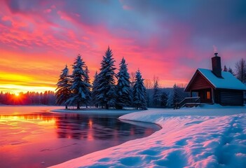 A snowy landscape at sunset, a frozen lake reflecting the sky’s fiery colors with tall snow-covered trees