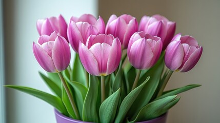 Naklejka premium Bouquet of pink tulips in a purple pot.