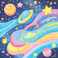Vivid Pastel Galaxy Background with Cartoon Stars