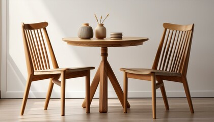 木製のシンプルな椅子と円形のテーブル、白い壁と少しの小物が調和して、温かみのあるシンプルなダイニング空間が広がる。

