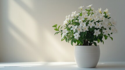 White flowers in pot, sunlight.