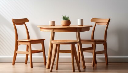 木製のシンプルな椅子と円形のテーブル、背景には白い壁と少しの小物がシンプルで落ち着いた空間を演出。

