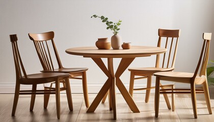 木製のシンプルな椅子と円形のテーブル、背景に白い壁と小物が静かで穏やかな雰囲気を作るシンプルなインテリア。

