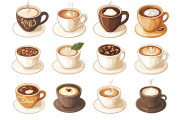 A collection of illustrated coffee cups with various designs and toppings.