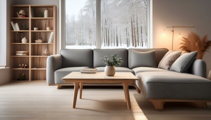 グレーのソファと淡い木製のテーブル、窓から柔らかな冬の光が差し込む、温もりを感じるシンプルで落ち着いた空間。

