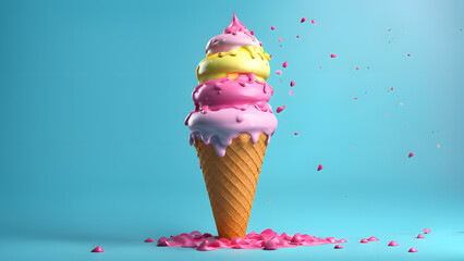 A pink, yellow, and white ice cream cone with pink drips on it