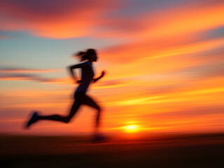 An abstract blurred image showing the silhouette of a person running at sunrise or sunset with a vibrant, colorful sky in the background.