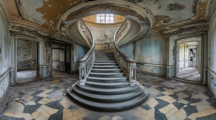 Obraz premium Abandoned Spiral Staircase in a Majestic Ruin